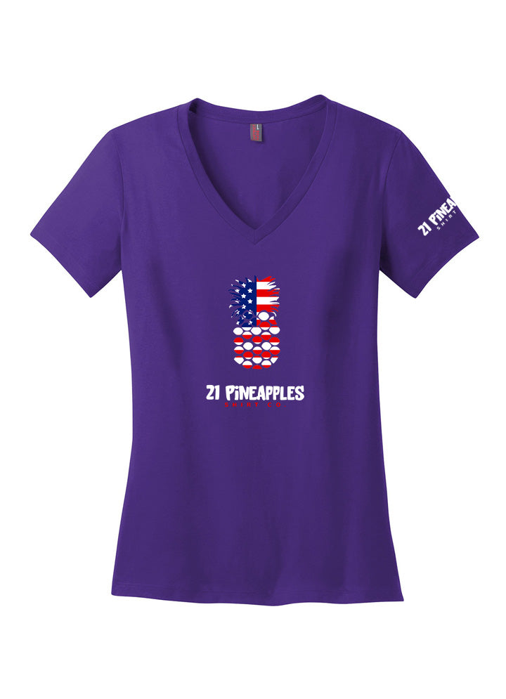 21 Pineapples American Flag Women's V-Neck Tee